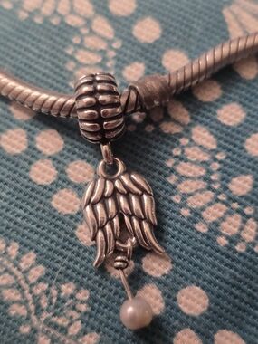 Pandora Sterling Silver Angel Wing Charm Bracelet Pendant with Pearl